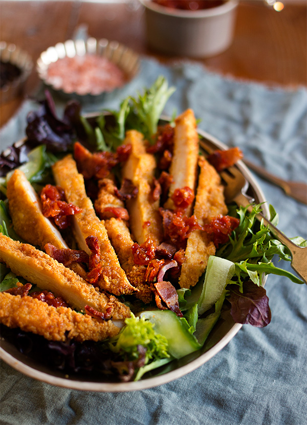 Crumbed Chicken Salad with Bacon and Sun Dried Tomato Relish aninas