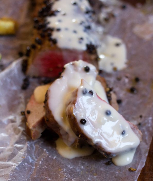 Pepper Crusted Eland Loin with Garlic Sauce