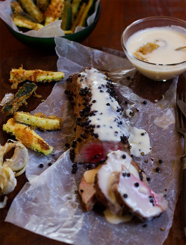 Pepper Crusted Eland Loin with Garlic Sauce