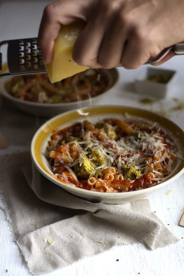 Macaroni and Pesto Chicken with Red Pepper Tomato Sauce