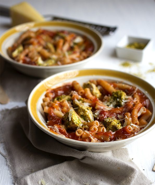 Macaroni and Pesto Chicken with Red Pepper Tomato Sauce