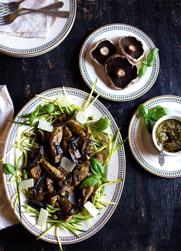 Pesto Chicken with Brown Mushrooms on Zucchini Noodles