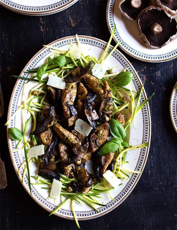 Pesto Chicken with Brown Mushrooms on Zucchini Noodles