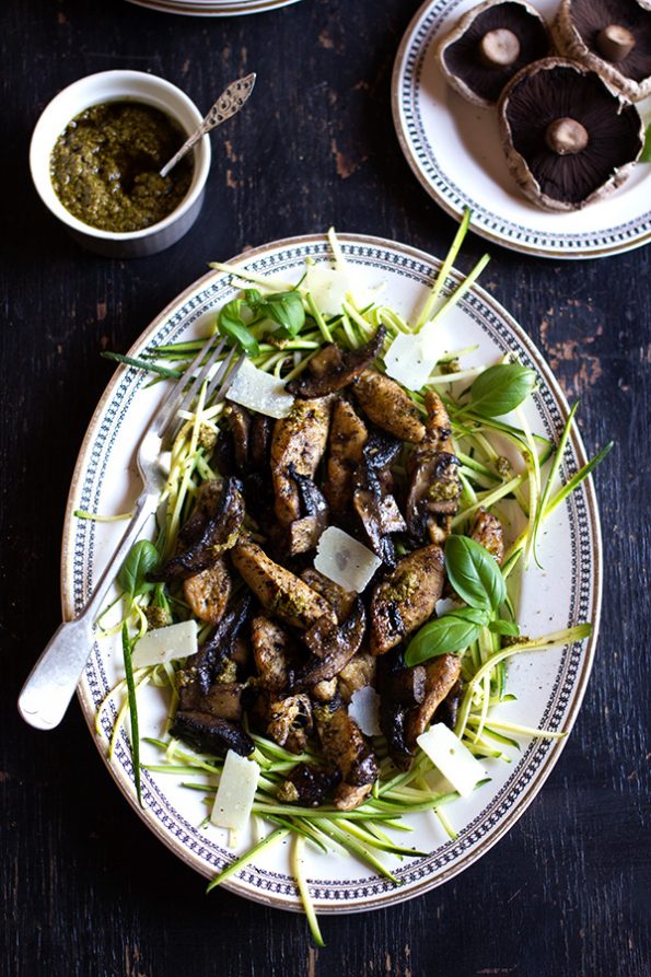 Pesto Chicken with Brown Mushrooms on Zucchini Noodles