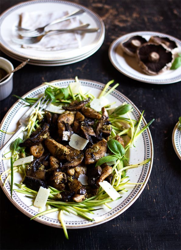 Pesto Chicken with Brown Mushrooms on Zucchini Noodles