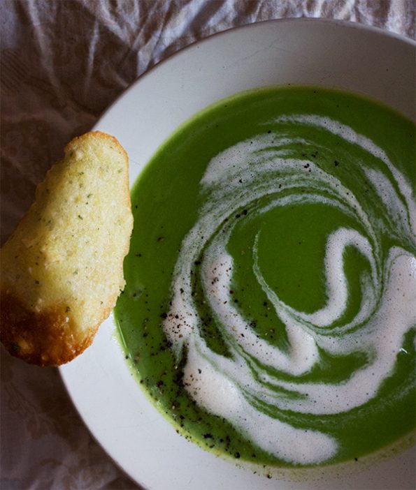 Chilled Pea Soup with Basil and Almond Tuiles
