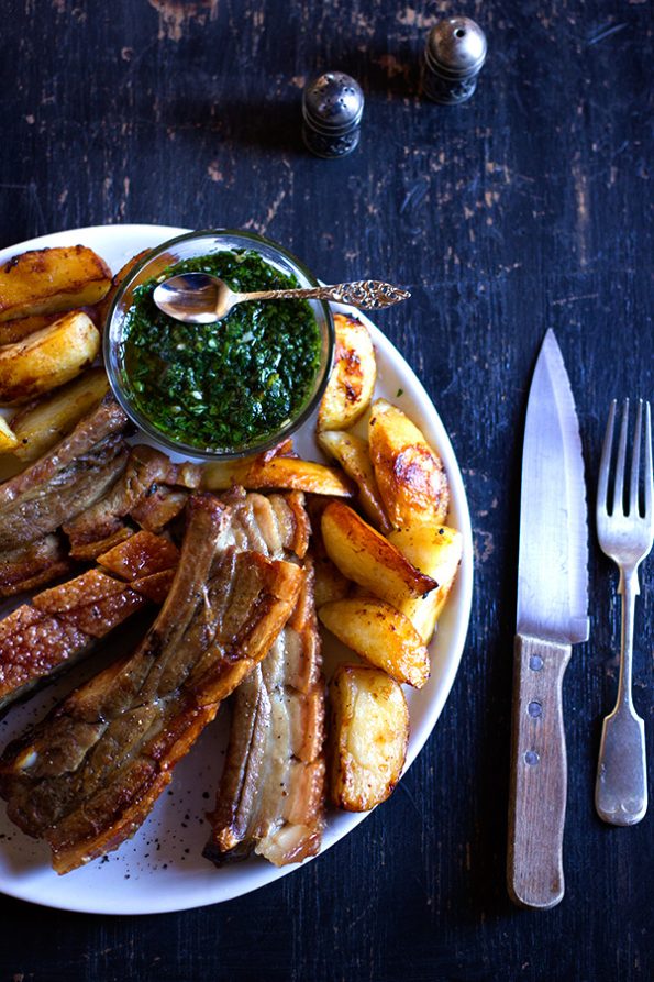 Crispy Pork Belly Ribs with Green Sauce and Honey Roasted Potatoes