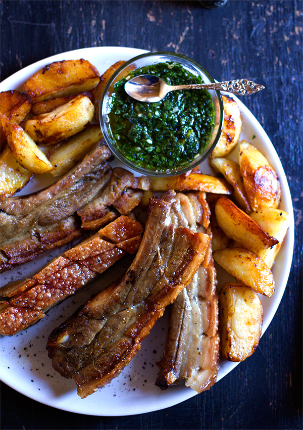 Crispy Pork Belly Ribs with Green Sauce and Honey Roasted Potatoes