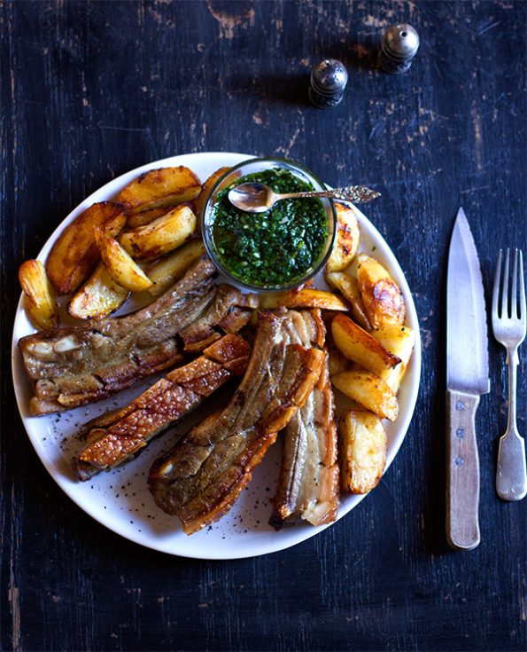 Crispy Pork Belly Ribs with Green Sauce and Honey Roasted Potatoes