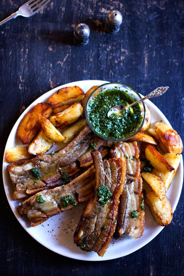 Crispy Pork Belly Ribs with Green Sauce and Honey Roasted Potatoes