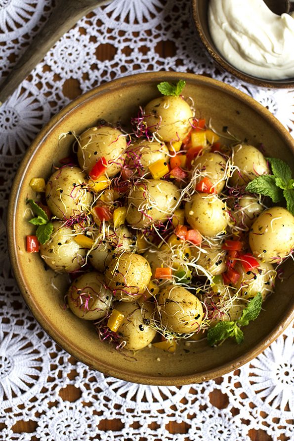 Garlic and Mint Baby Potatoes with Peppers and Sprouts