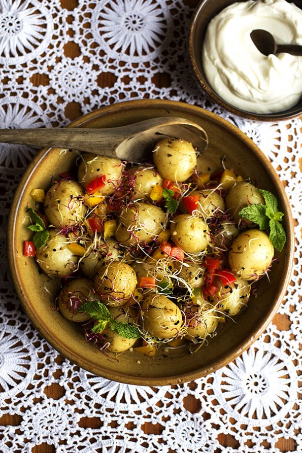 Garlic and Mint Baby Potatoes with Peppers and Sprouts