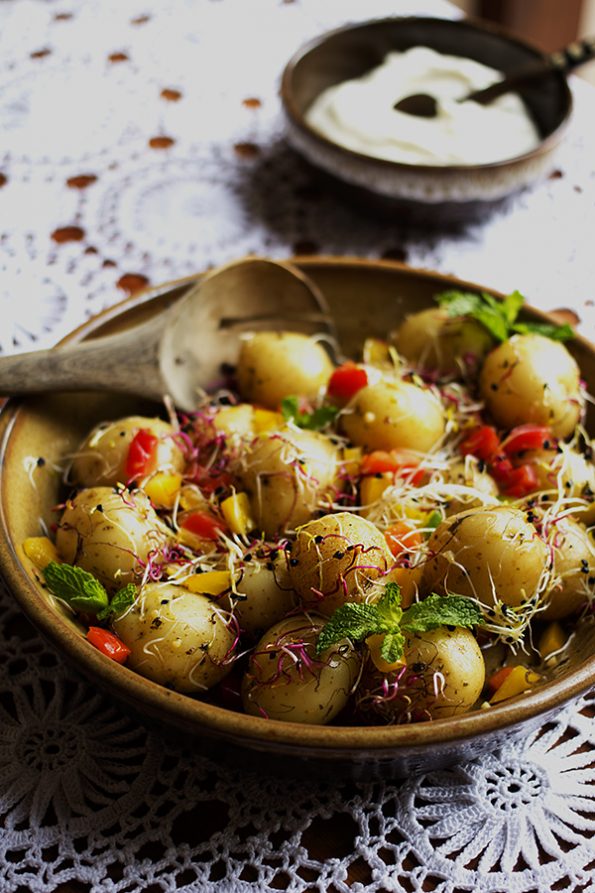 Garlic and Mint Baby Potatoes with Peppers and Sprouts
