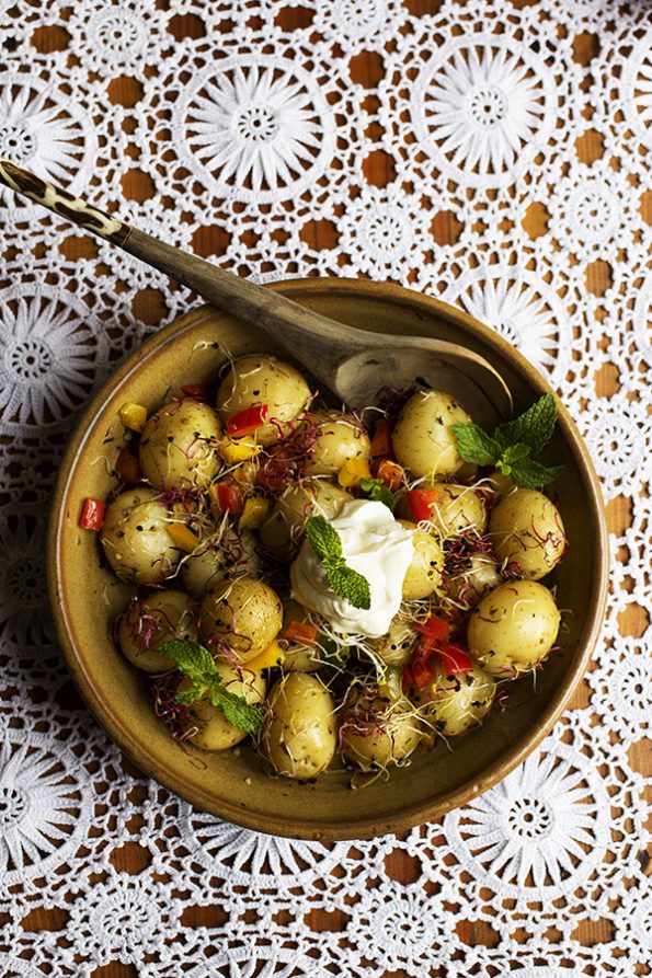 Garlic and Mint Baby Potatoes with Peppers and Sprouts