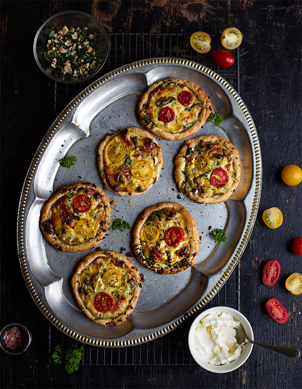 Herb and Nut Crusted Salami, Spinach and Tomato Tarts aninas recipes