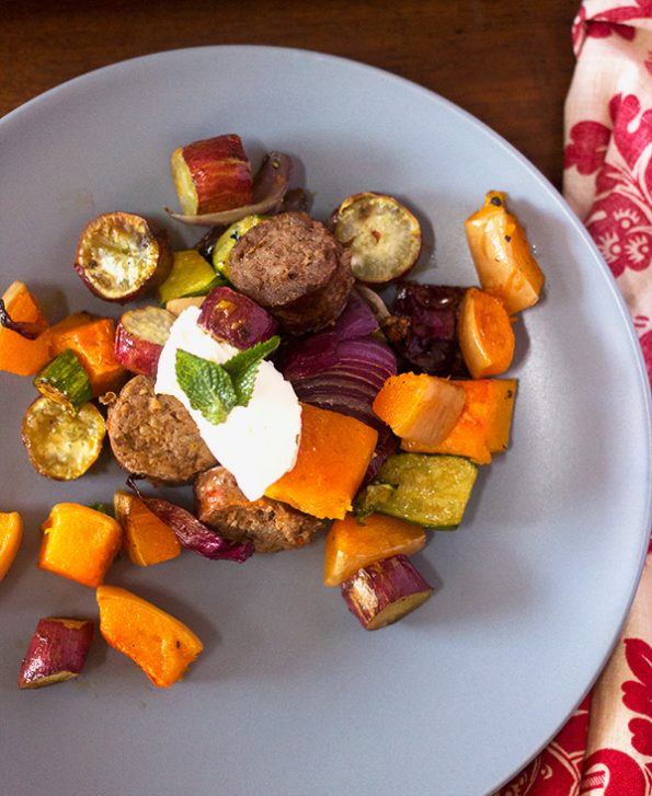 Sausage and Vegetable Tray Bake with Mint
