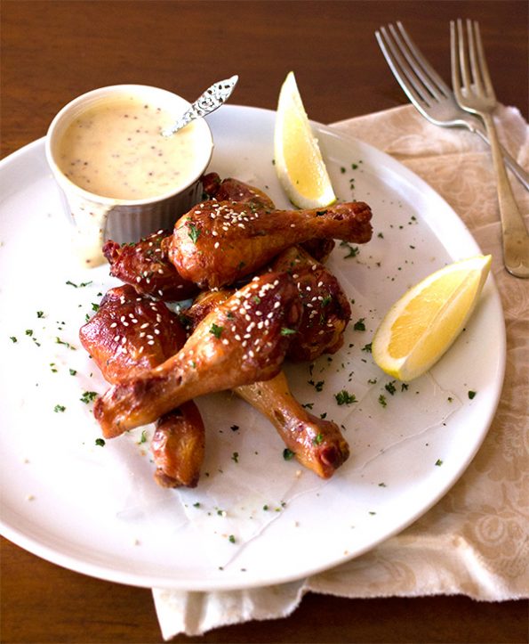 Smoked Chicken Drumsticks with Honey and Mustard Sauce