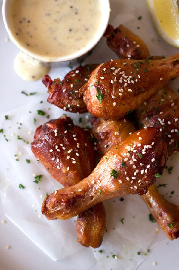 Smoked Chicken Drumsticks with Honey and Mustard Sauce