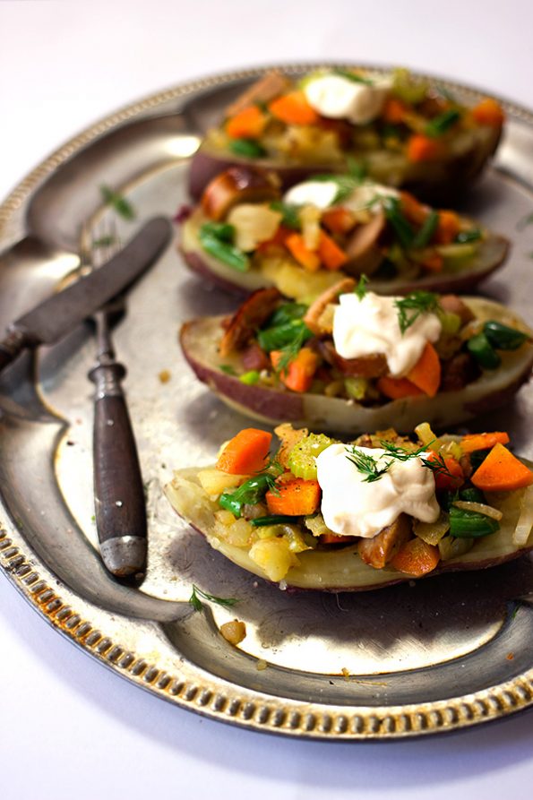 Sweet Potato Spuds with Vegetables and Pork Bangers