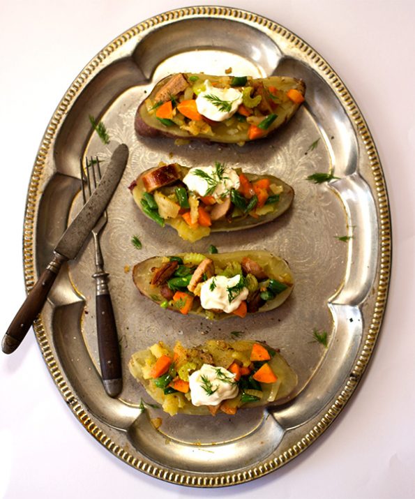 Sweet Potato Spuds with Vegetables and Pork Bangers