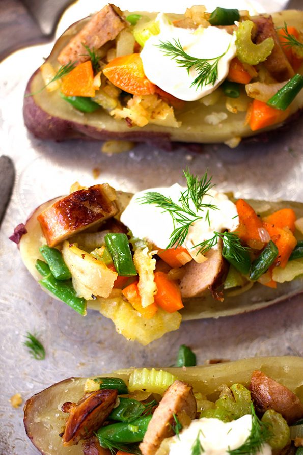 Sweet Potato Spuds with Vegetables and Pork Bangers