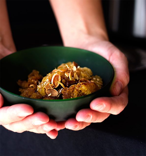 Toffee Pudding with Toasted Almonds and Caramel Sauce