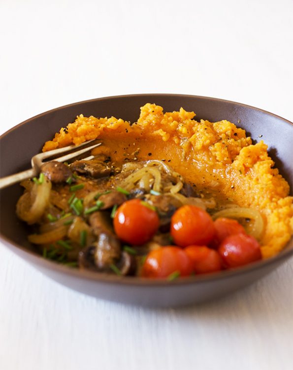 Sweet Potato Mash with Onion, Mushroom and Pesto Gravy