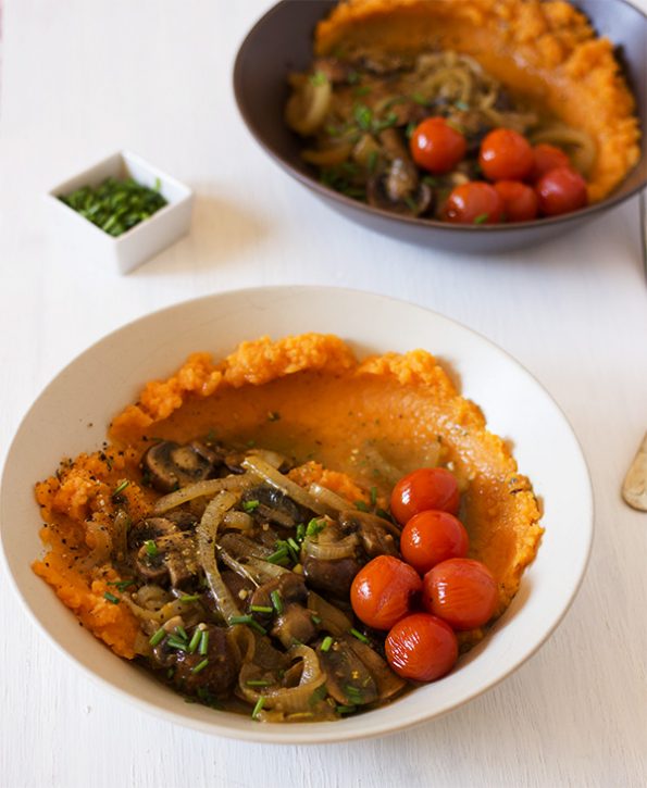 Sweet Potato Mash with Onion, Mushroom and Pesto Gravy