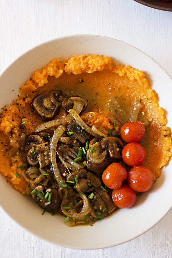 Sweet Potato Mash with Onion, Mushroom and Pesto Gravy