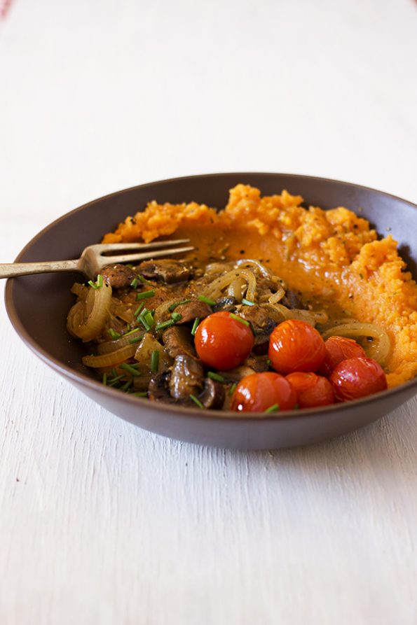 Sweet Potato Mash with Onion, Mushroom and Pesto Gravy