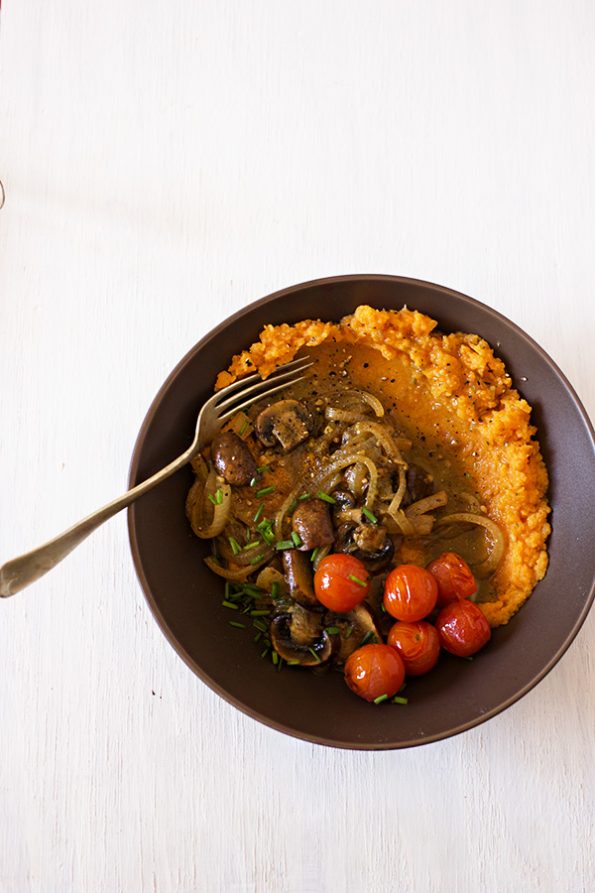 Sweet Potato Mash with Onion, Mushroom and Pesto Gravy