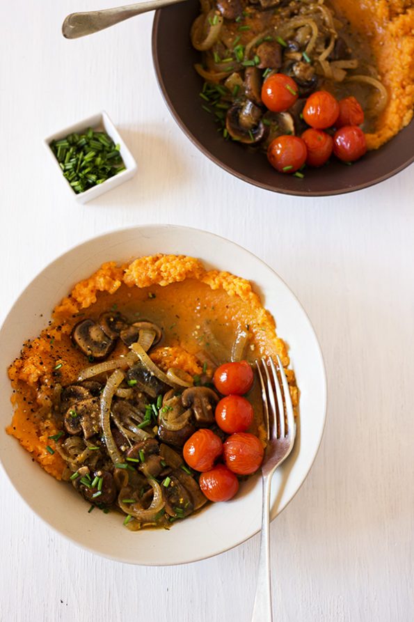 Sweet Potato Mash with Onion, Mushroom and Pesto Gravy