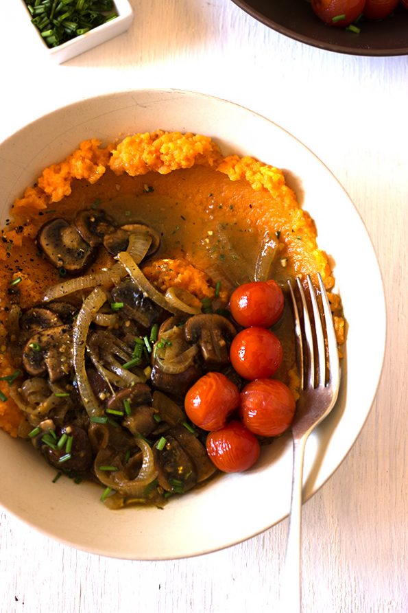Sweet Potato Mash with Onion, Mushroom and Pesto Gravy