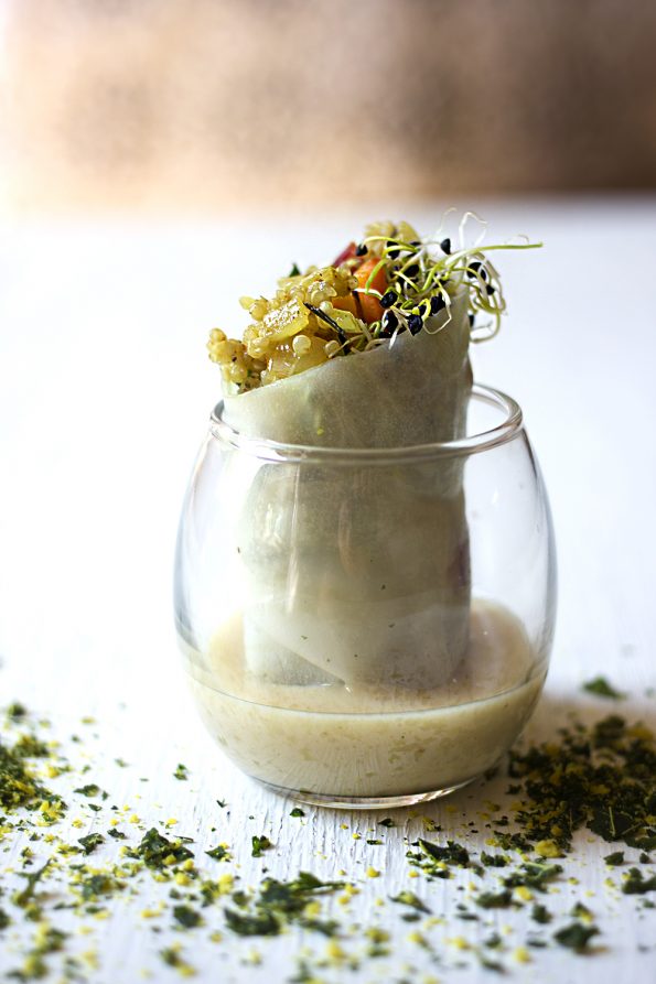 Three Grain Rice Paper Rolls with Miso Peanut Butter Dipping Sauce and Kale Soil