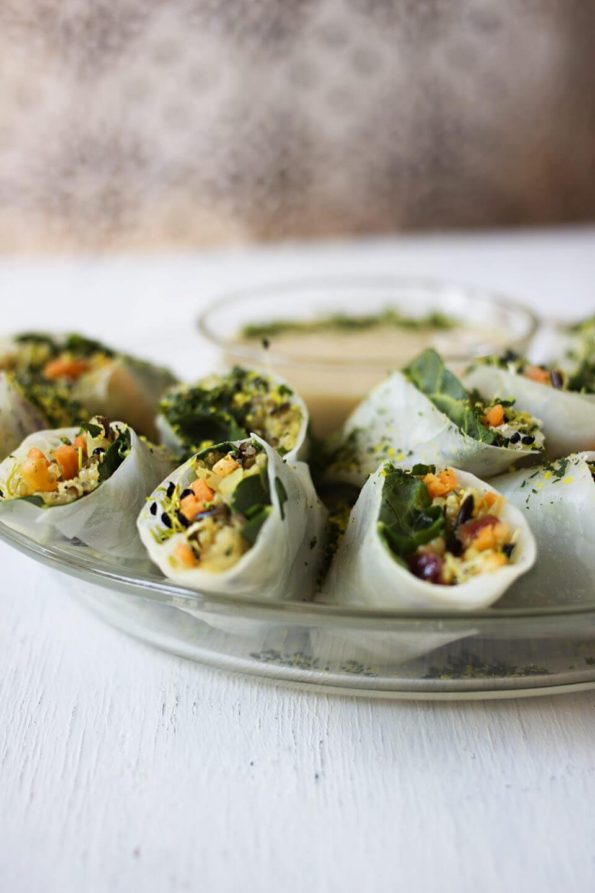 Three Grain Rice Paper Rolls with Miso Peanut Butter Dipping Sauce and Kale Soil