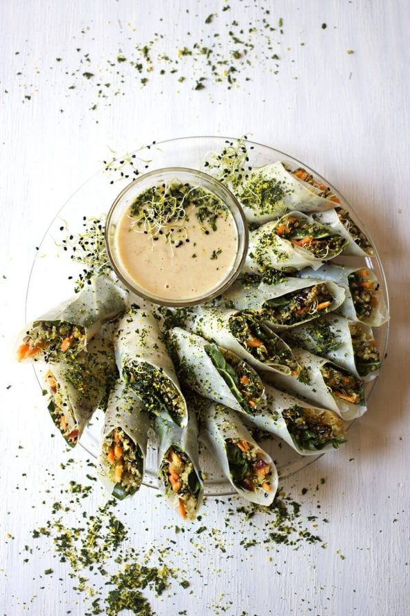 Three Grain Rice Paper Rolls with Miso Peanut Butter Dipping Sauce and Kale Soil