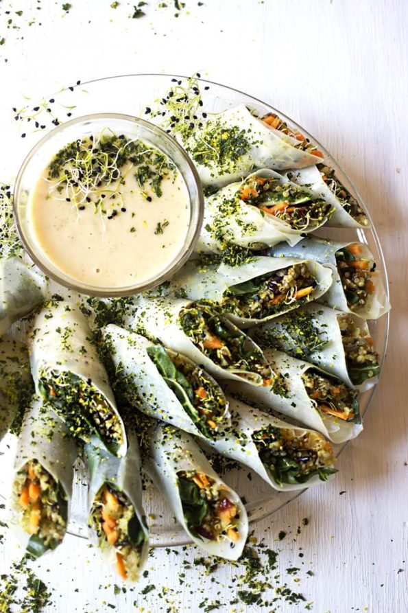 Three Grain Rice Paper Rolls with Miso Peanut Butter Dipping Sauce and Kale Soil