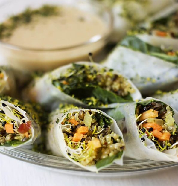 Three Grain Rice Paper Rolls with Miso Peanut Butter Dipping Sauce and Kale Soil