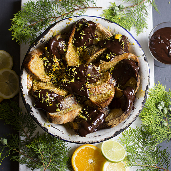 Bread and Butter Pudding with Dark Chocolate Ganache and Citrus Bread and Butter Pudding with Dark Chocolate Ganache and Citrus