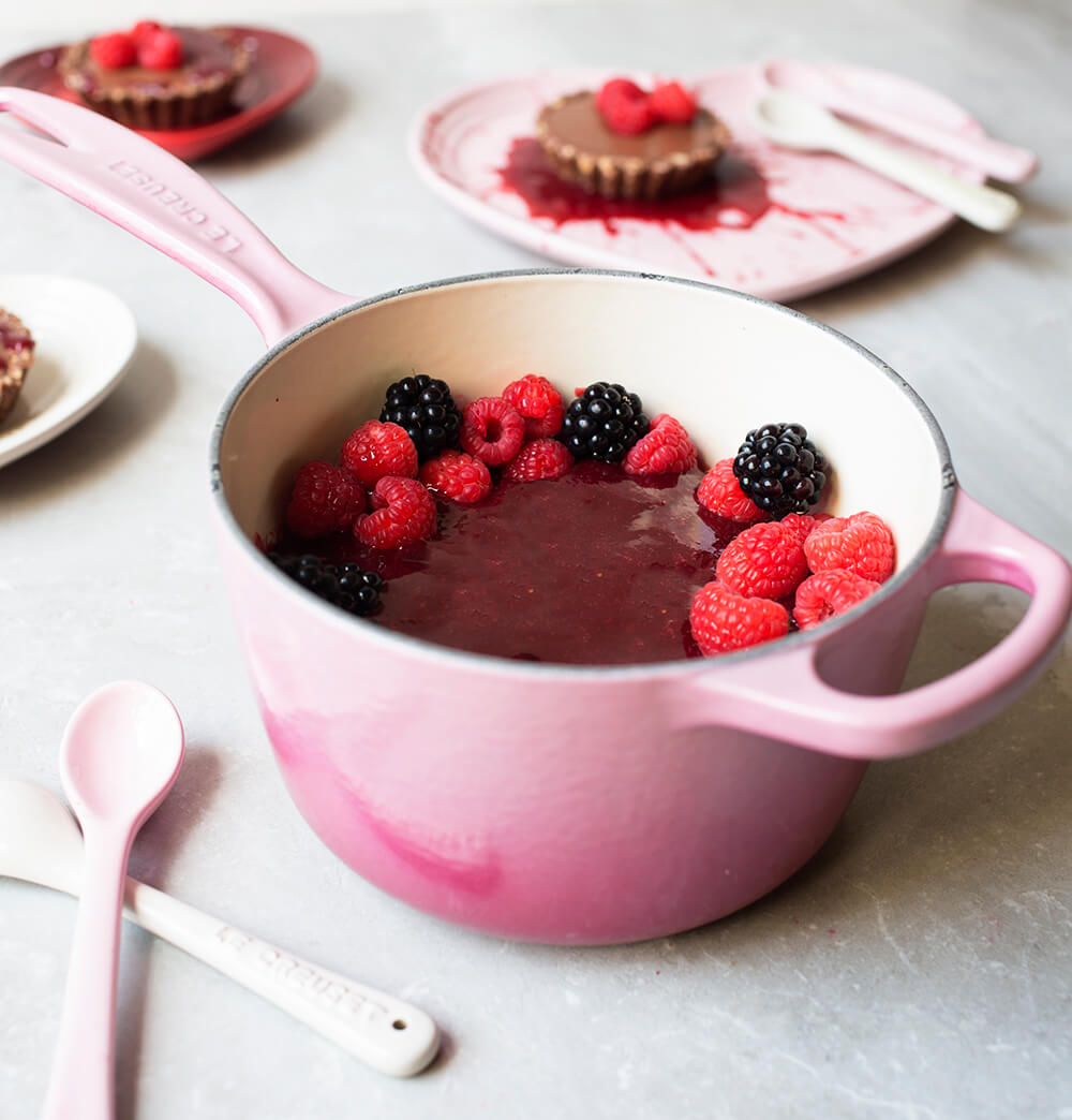 Vegan Choc Ganache Tarts with Berry Compote
