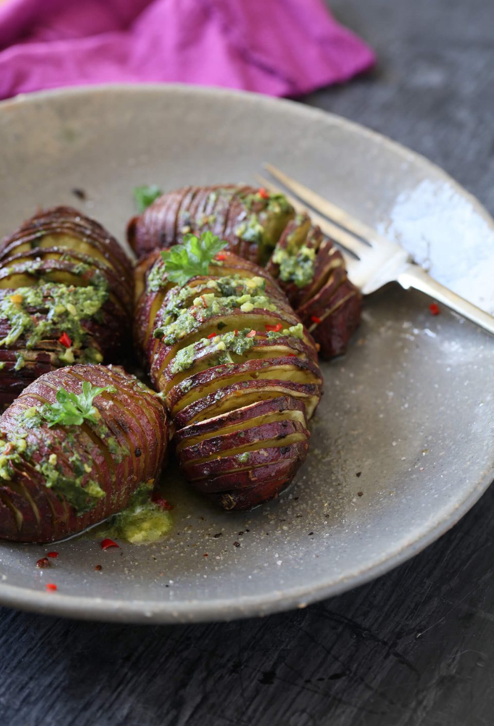Hasselback Sweet Potatoes with Pesto Butter