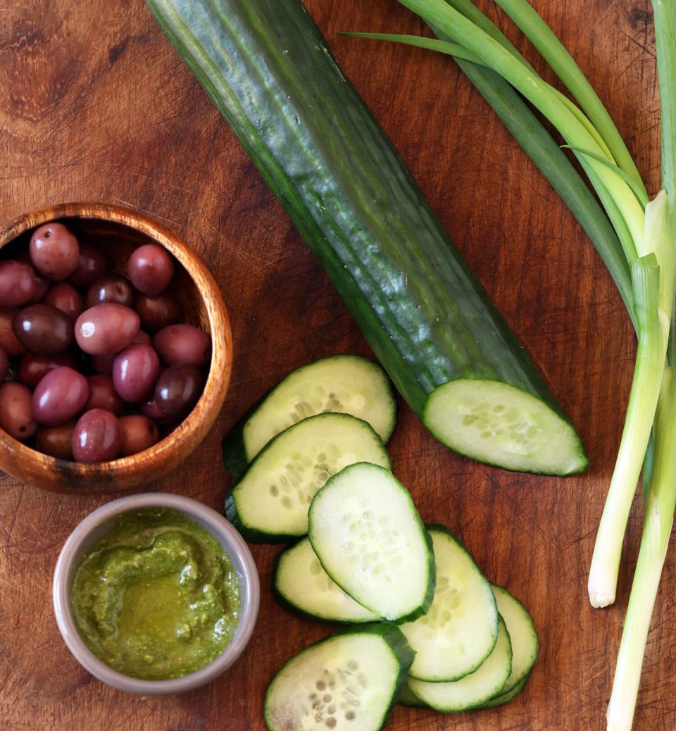 Cucumber, Black Olive and Basil Pesto Salad